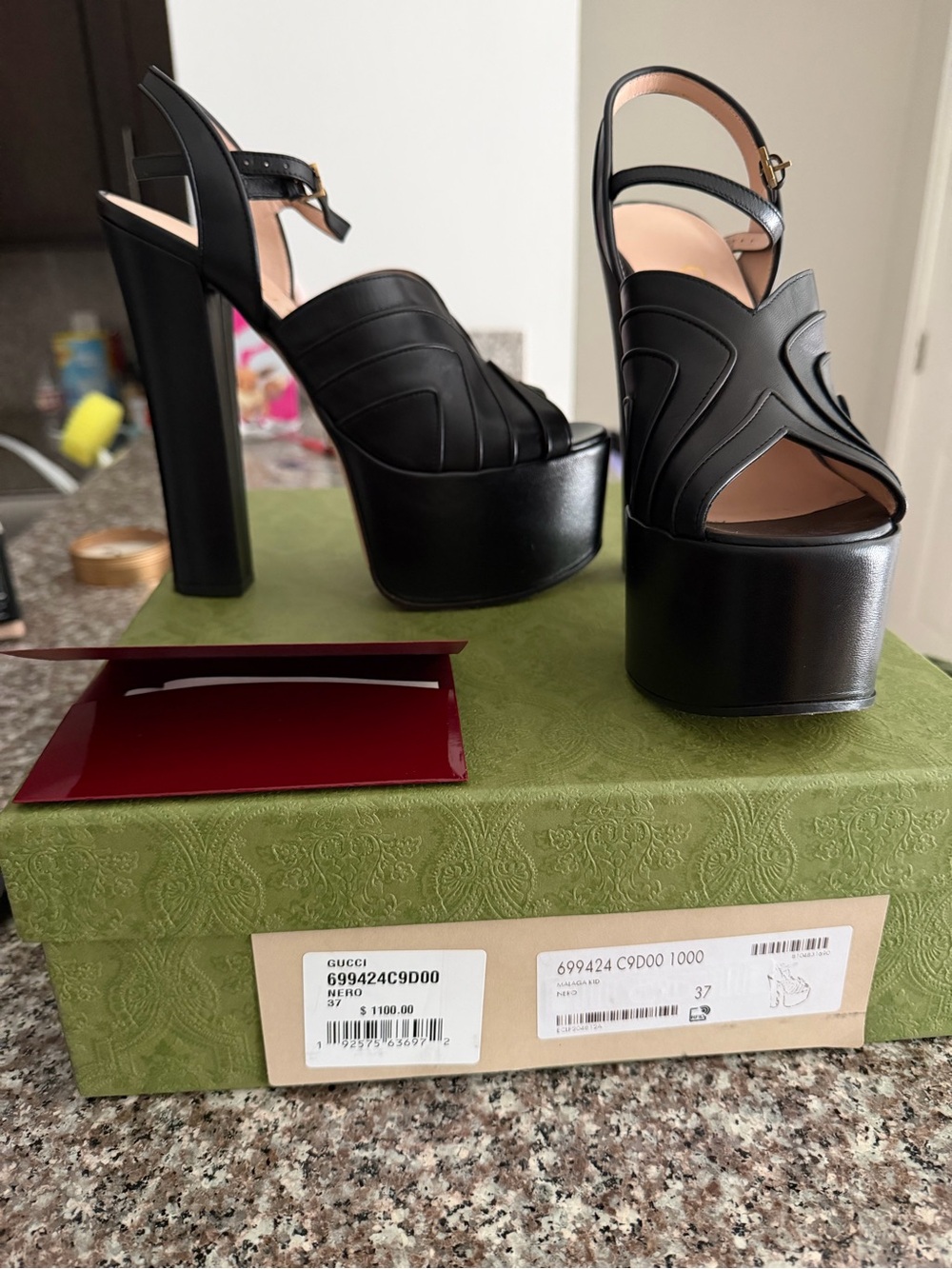 Gucci Black Leather Platform Slingback Sandals